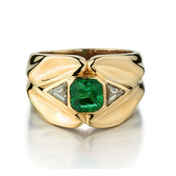 1.00 Carat Green Emerald And Diamond Yellow Gold Wide Ring