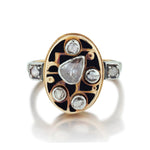 Unique 14KT Yellow Gold Vintage Rose Cut Diamond And Enamel Ring