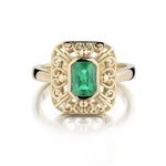 1.05 Carat Green Emerald Carved Setting Yellow Gold Ring