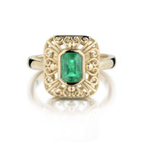 1.05 Carat Green Emerald Carved Setting Yellow Gold Ring