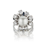 9MM Pearl And Diamond 14KT White Gold Mid-Century Ring