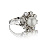 9MM Pearl And Diamond 14KT White Gold Mid-Century Ring