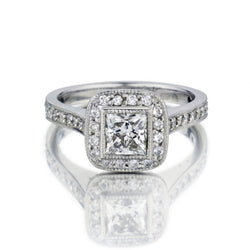 1.00 Carat Princess Cut Diamond Halo-Set Platinum Engagement vRing