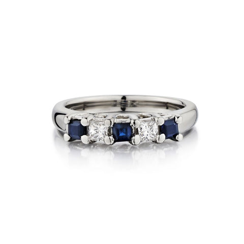 Ladies 5 Stone Platinum Blue Sapphire and Diamond Band.