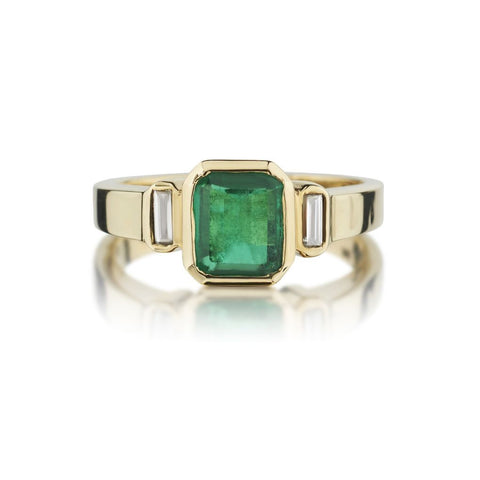 1.80 Carat Green Emerald And Baguette Cut Diamond YG Ring