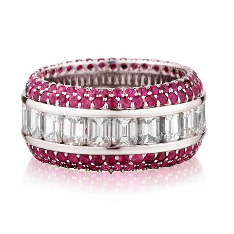 6.70 Tw Emerald Cut Diamond and Ruby Eternity Band.