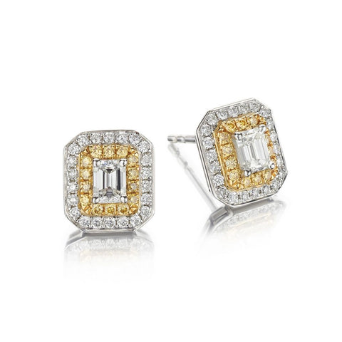 Emerald Cut & Round Brilliant Cut Diamond Double Halo Set Earrings