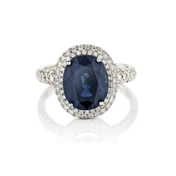 4.50 Carat Sapphire And Diamond Halo-Set White Gold Ring