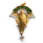 Art Nouveau Green Emerald, Diamond & Pearl Stork Pendant