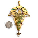 Art Nouveau Green Emerald, Diamond & Pearl Stork Pendant