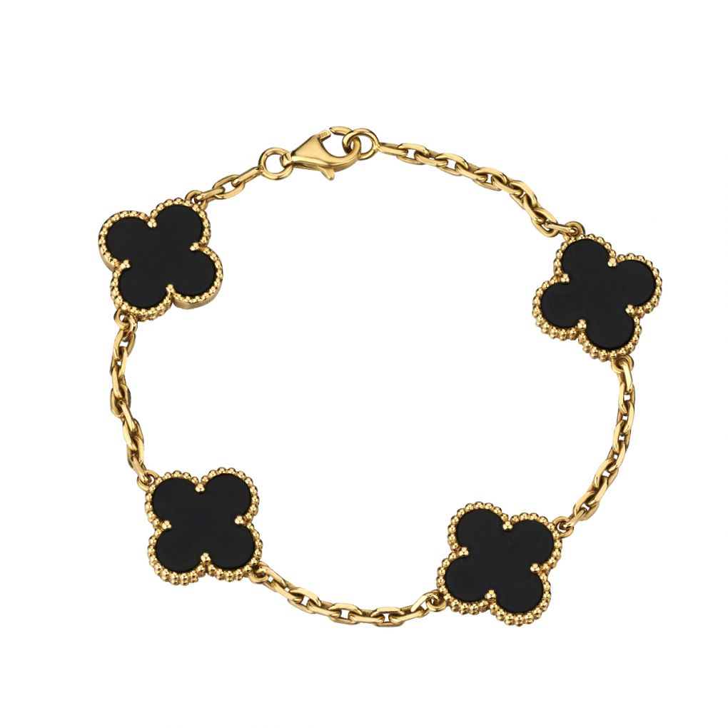 Van Cleef and Arpels Yellow Gold Onyx Vintage Alhambra 5 Motif