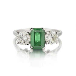 Three-Stone Green Emerald And Round Brilliant Cut Diamond WG Ring