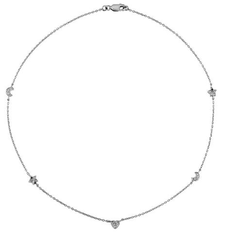 14KT White Gold Diamonds By The Yard Star, Moon And Hearts Necklace