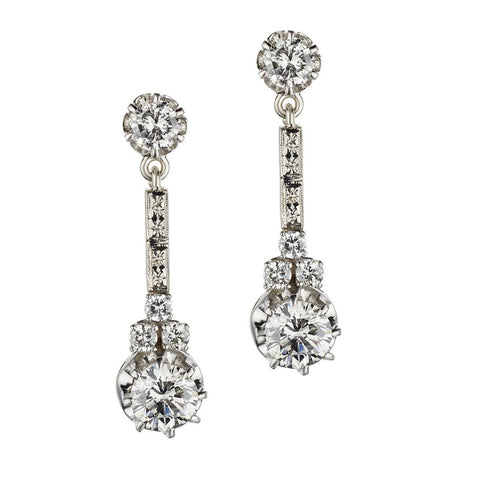 Mid-Century 2.50 Carat Total Round Brilliant Cut Diamond Drop Earrings