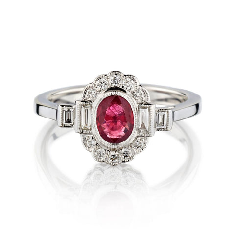 Vintage-Inspired 0.70 Carat Oval-Cut Ruby And Diamond White Gold Ring