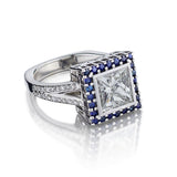 1.73 Carat Princess Cut Diamond And Sapphire Halo WG Ring