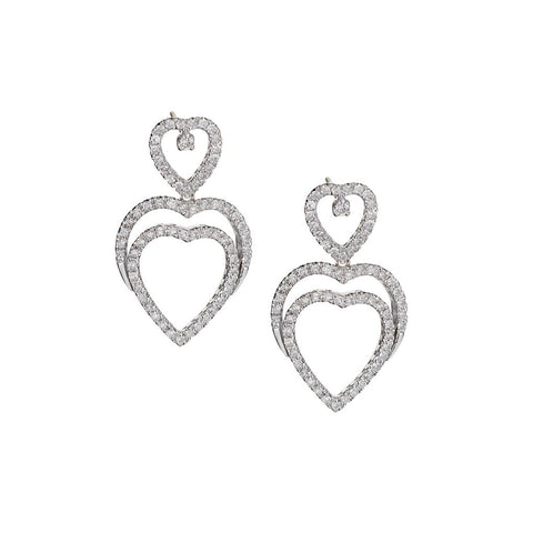 18KT White Gold Double Diamond Heart Pendant Earrings