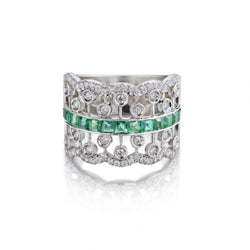 Round Brilliant Cut Diamond And Green Emerald Wide WG Band