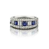 Blue Sapphire, Brilliant Cut & Baguette Cut Diamond Platinum Band