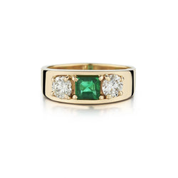 Unisex 14KT Yellow Gold Green Emerald And Diamond Ring