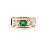 Unisex 14KT Yellow Gold Green Emerald And Diamond Ring