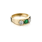 Unisex 14KT Yellow Gold Green Emerald And Diamond Ring