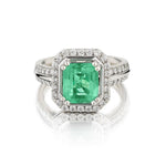 3.00 Carat Green Emerald Halo-Set Diamond Pave Ring