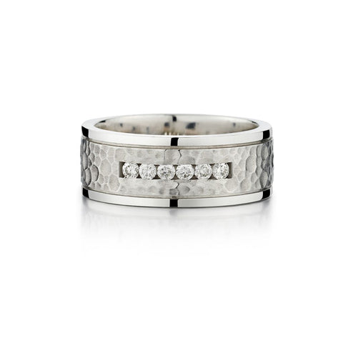 Men's Hammered 14KT White Gold And Diamond Band