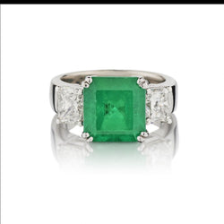 4.90 Carat Natural Green Emerald And Radiant Cut Diamond Ring