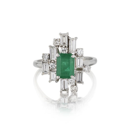 Green Emerald And Baguette And Round Brilliant Cut Diamond White Gold Ring