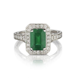 1.75 Carat Green Emerald Halo-Set Diamond White Gold Ring