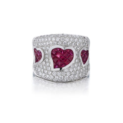 Round Brilliant Cut Diamond And Ruby Heart Wide Ring