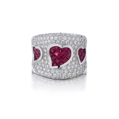 Round Brilliant Cut Diamond And Ruby Heart Wide Ring