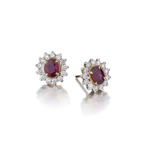 2.50 Carat Total Oval-Cut Ruby And Diamond Stud Earrings