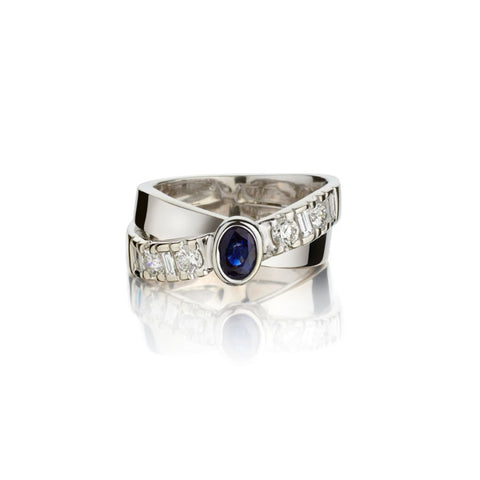 Unisex 14KT White Gold Sapphire And Diamond Cross-Over Ring