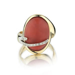 18KT Yellow Gold Large Oval Coral Gemstone And Diamond Ring