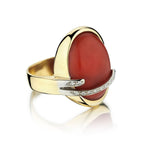 18KT Yellow Gold Large Oval Coral Gemstone And Diamond Ring