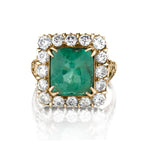 Mid-Century Green Emerald And Diamond Halo Set Cocktail Ring