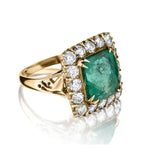 Mid-Century Green Emerald And Diamond Halo Set Cocktail Ring