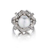 14KT White Gold Pearl And Diamond Mid-Century Ring