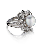 14KT White Gold Pearl And Diamond Mid-Century Ring