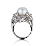 14KT White Gold Pearl And Diamond Mid-Century Ring