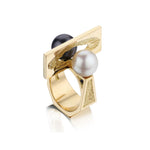 Rare One-Of-A-Kind Brutalist -Era Lucas Geometric Yellow Gold Pearl Ring