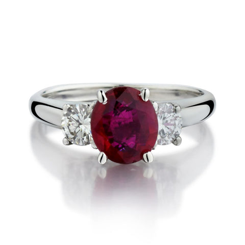 Platinum Oval-Shaped Ruby And Diamond Three Stone Ring