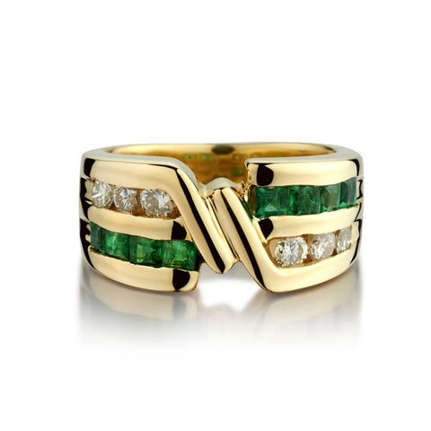 Green Emerald And Diamond 18KT Yellow Gold Unique Ring