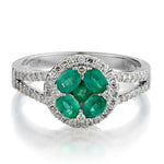 Green Emerald And Diamond 14KT White Gold Cluster Ring