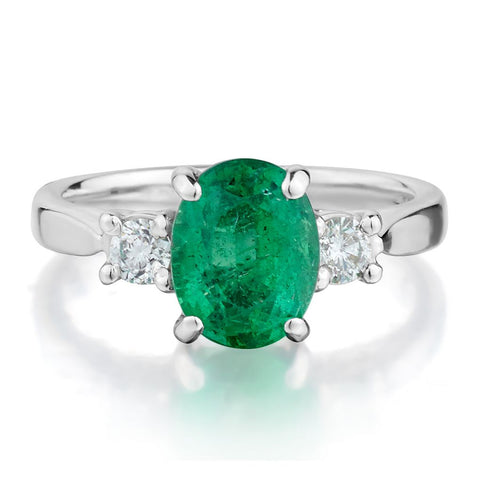 2.00 Carat Green Emerald And Diamond Three Stone White Gold Ring