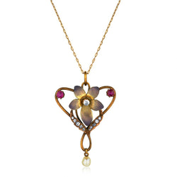 Art Nouveau 18kt Yellow Gold Floral Enamel Pendant.