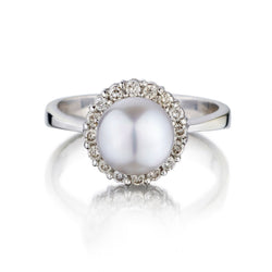 8MM Pearl And Diamond Halo 14KT White Gold Cocktail Ring