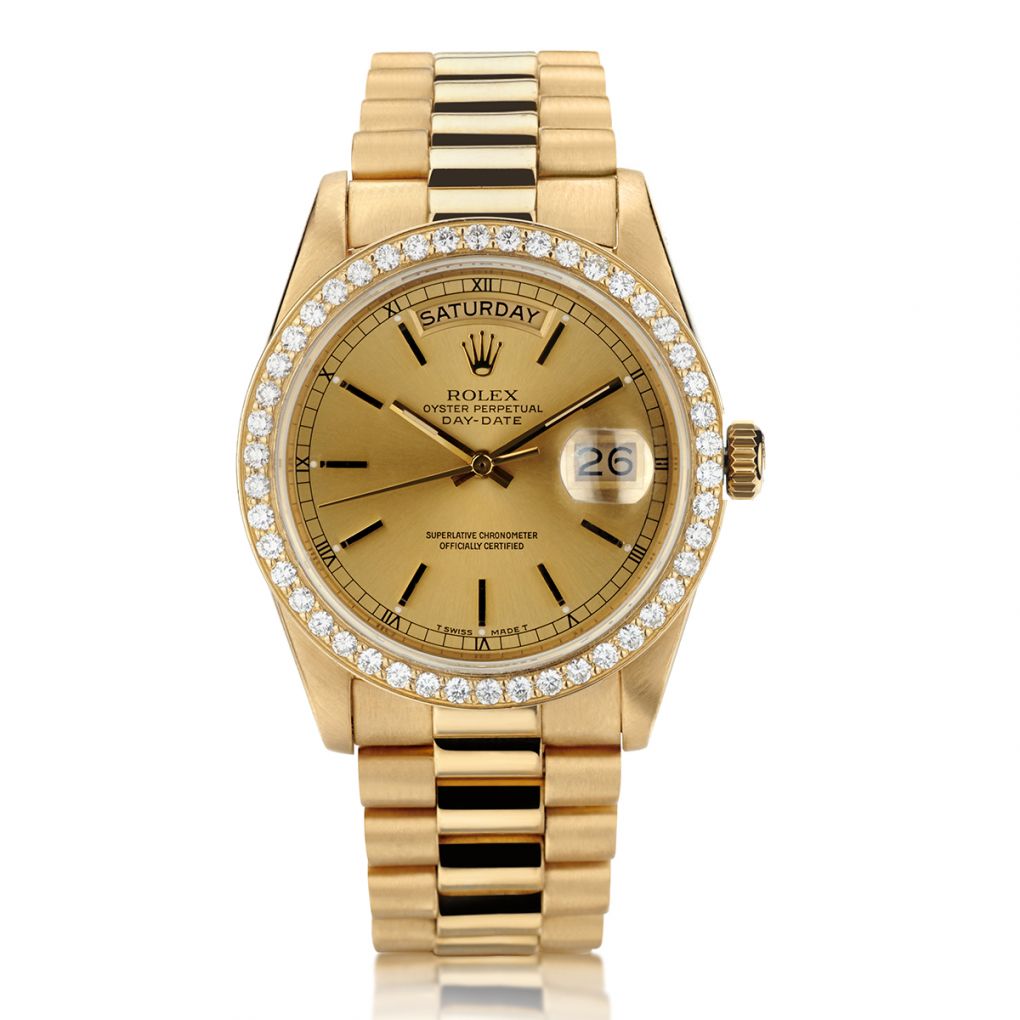Mens Rolex 18K Gold Day-Date President Watch Gold Champagne Diamond Dial  (SKU R676363AMT) -